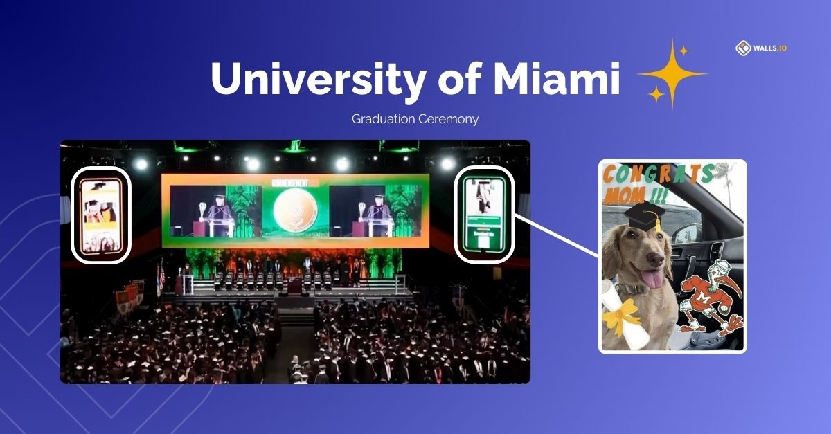 Social wall by the University of Miami displaye during commencement ceremony. 