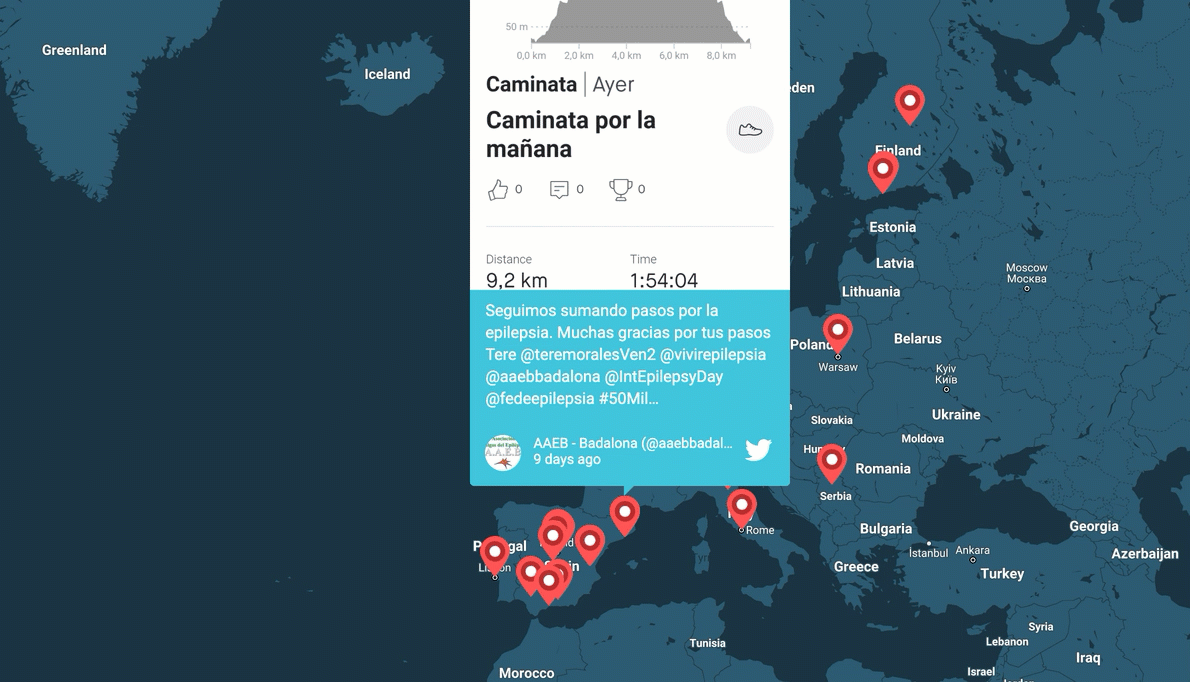 healthcare marketing campaigns: GIF showing four social media posts from International Epilepsy Day supporters, on an interactive map.