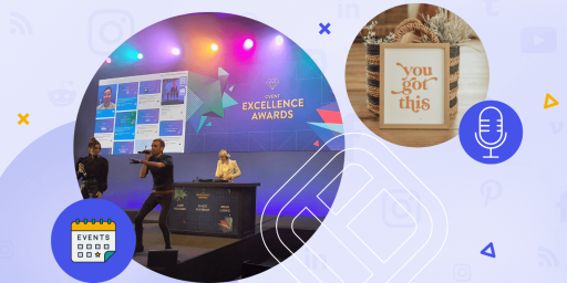 Event stage with speakers and a live social media wall during the Cvent Excellence Awards, illustrating interactive audience engagement at a live event.