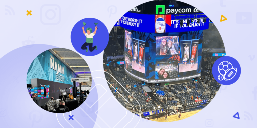 Fan engagement social walls featured image showing a jumbotron social wall with fan content from a OKC game and a namm show trade show photo of a booth with a social media display