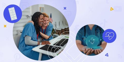 Healthcare marketing campaign represented by two healthcare professionals in front of a computer and another one holding an holographic cross.