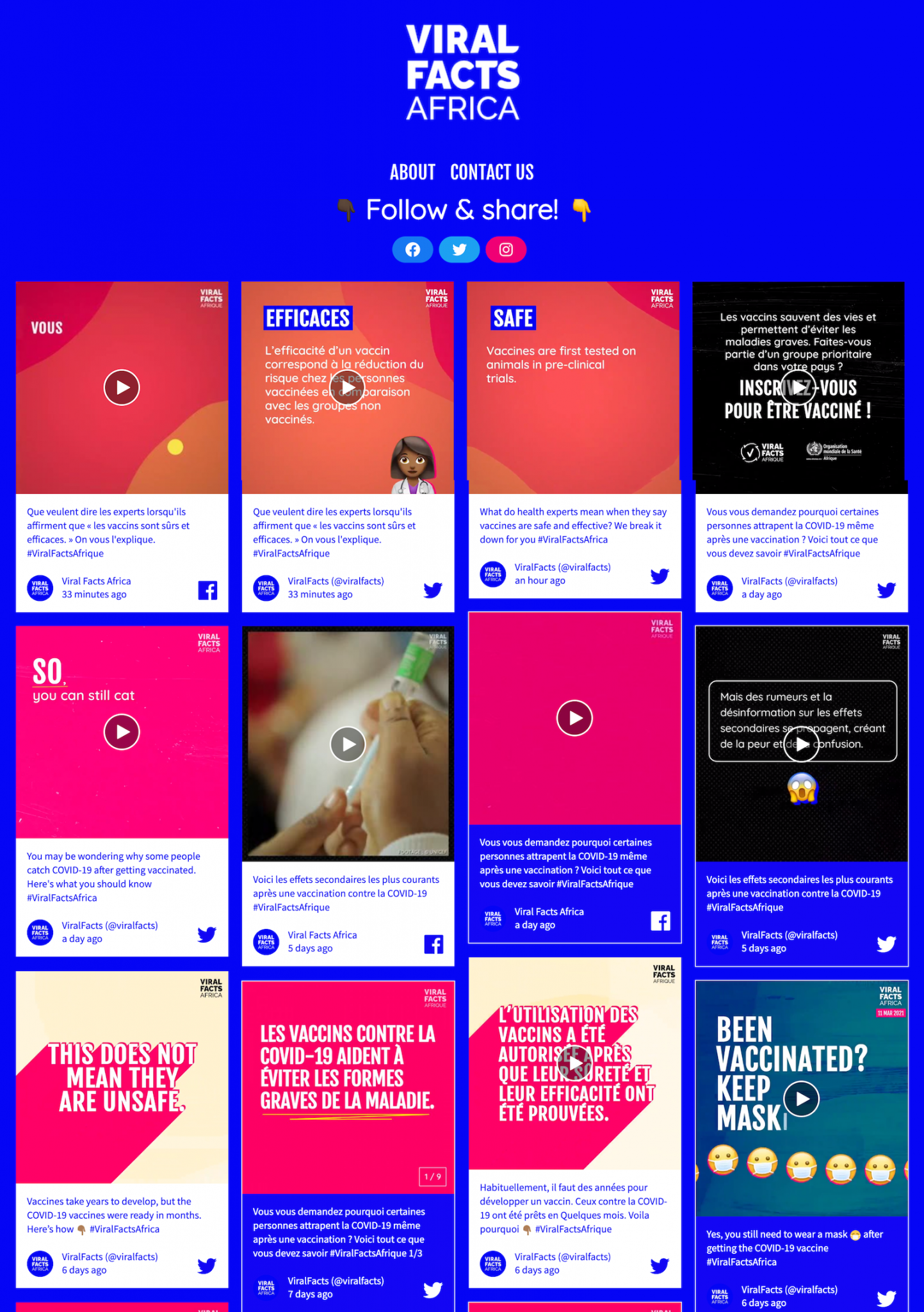 Screenshot of the Viral Facts Africa social wall as part of a healthcare marketing campaigns embedded on the Viral Facts Africa website.