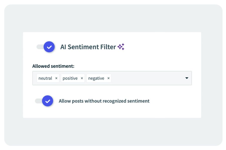 AI Sentiment Filter settings panel showing options to allow neutral, positive, and negative posts on a social wall