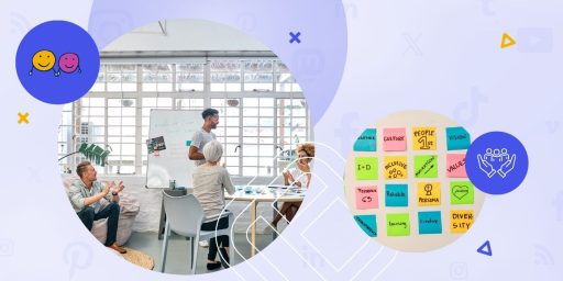 Culture wall represented by people at an office and post-its with values written on it.
