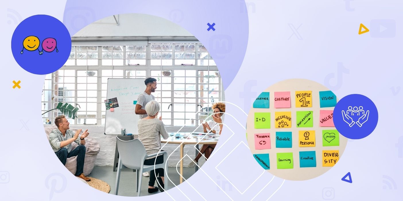 Culture wall represented by people at an office and post-its with values written on it.