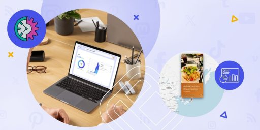 Laptop displaying a social wall analytics dashboard on a desk, alongside a geotagged post on a map view