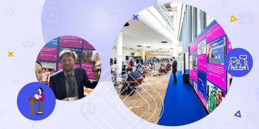 A social wall for conferences in action at a WHO event, featuring a large LED display with live social posts in a busy conference lobby, alongside a close-up of an attendee taking a selfie in front of the wall.