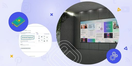 A social wall displayed on a big screen at the lobby of an office.