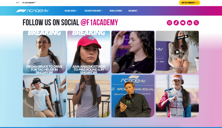A social wall embedded on the F1 Academy website, displaying a live grid of social media content under the headline "Follow us on social @F1Academy."