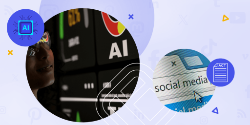 eu ai act article 50 featured article image showing a woman looking at an AI dashboard and another image with "social media" as a browser search photo