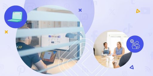 Illustrated collage with two circular photos of Walls.io employees (one at a desk viewing a social wall, one in a team discussion) set against a lavender background with social media platform icons and blue geometric accents, representing remote employee engagement.