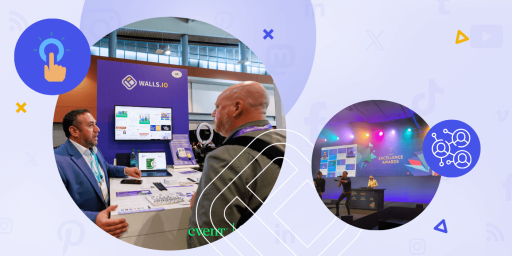 audience activation platform for events blog post featured image composed of a photo of a social wall on stage at the cvent excellence awards and a photo of the sales rep Leo at a cvent event at the walls.io booth talking to a customer