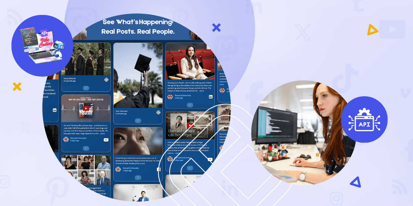 vibe coding social wall api blog post featured image showing a screenshot odf a social wall and a woman coding