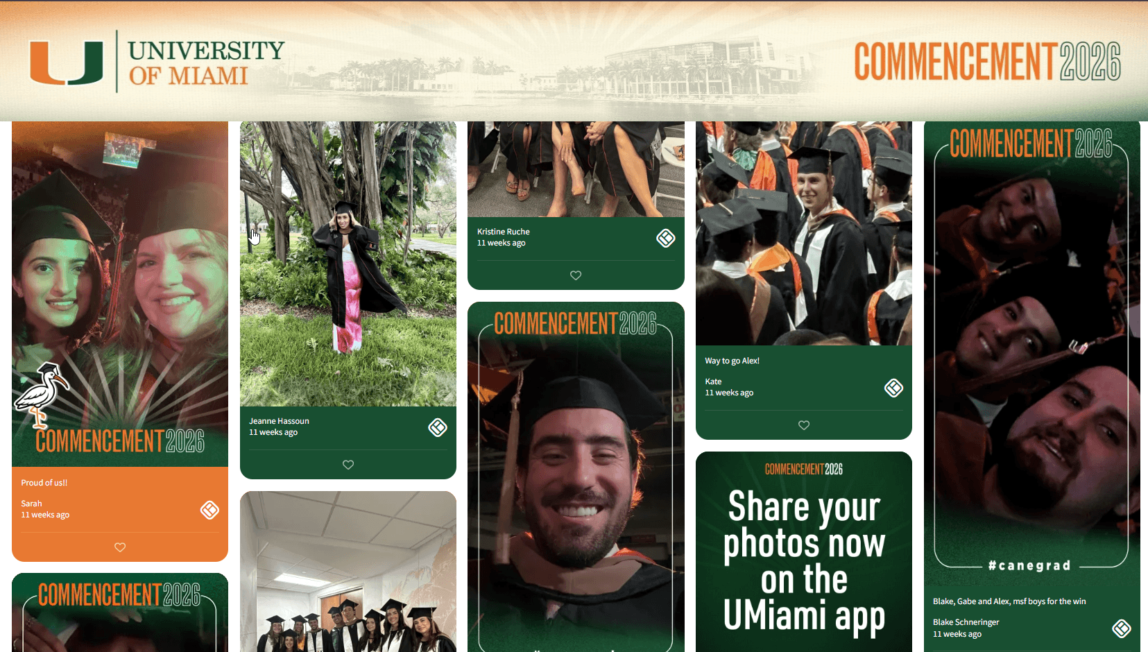 walls.io lens audience activation platform screenshot from the social wall with digital photo booth posts from the university of miami 2026 commencement. happy graduates, posing with branded custom frames.