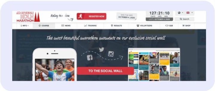 Website banner for the Generali Köln Marathon promoting its social wall, an audience activation platform showcasing runner photos and race-day social media moments.