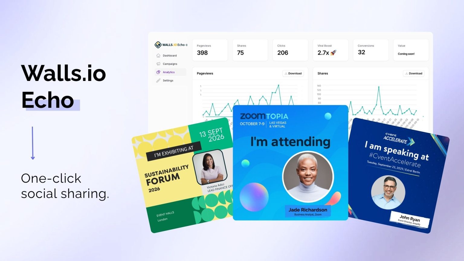 Echo cards with profile pictures and event captions on them as a way of organic event promotion.