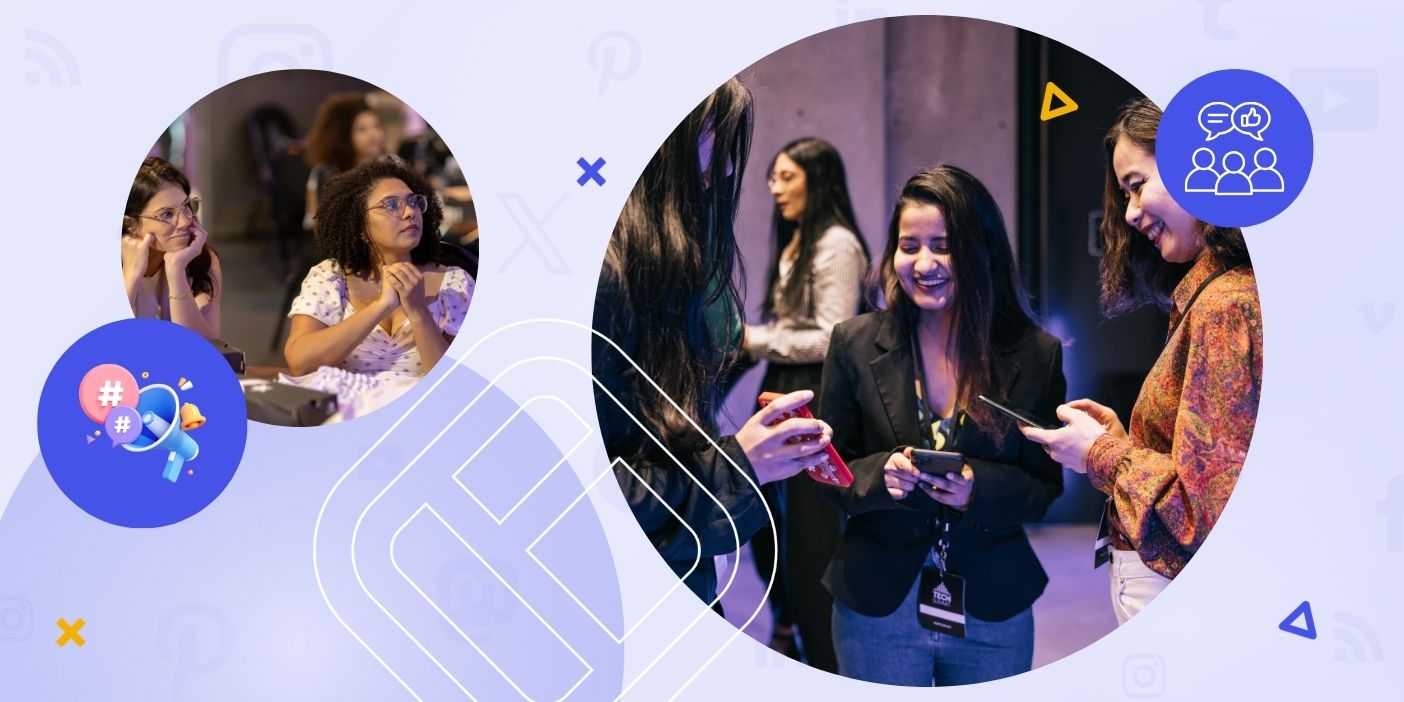 Attendees interacting with each other and their mobiles, as a form of showing an event engagement software.