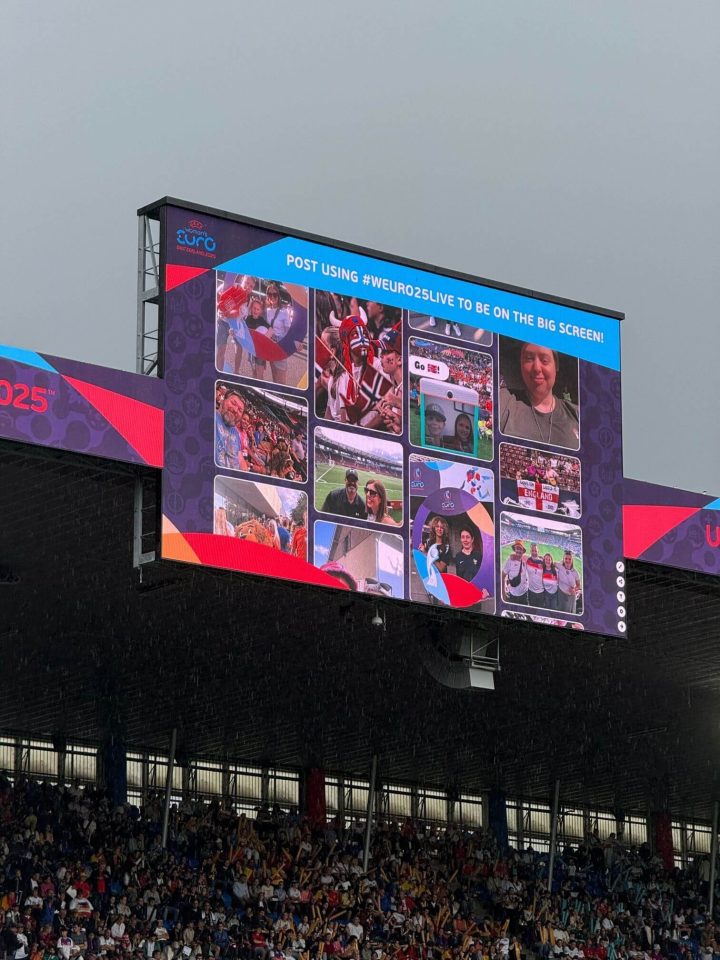 A stadium fan engagement collage shown on a digital screen at the UEFA Women’s EURO 2025 in Switzerland.