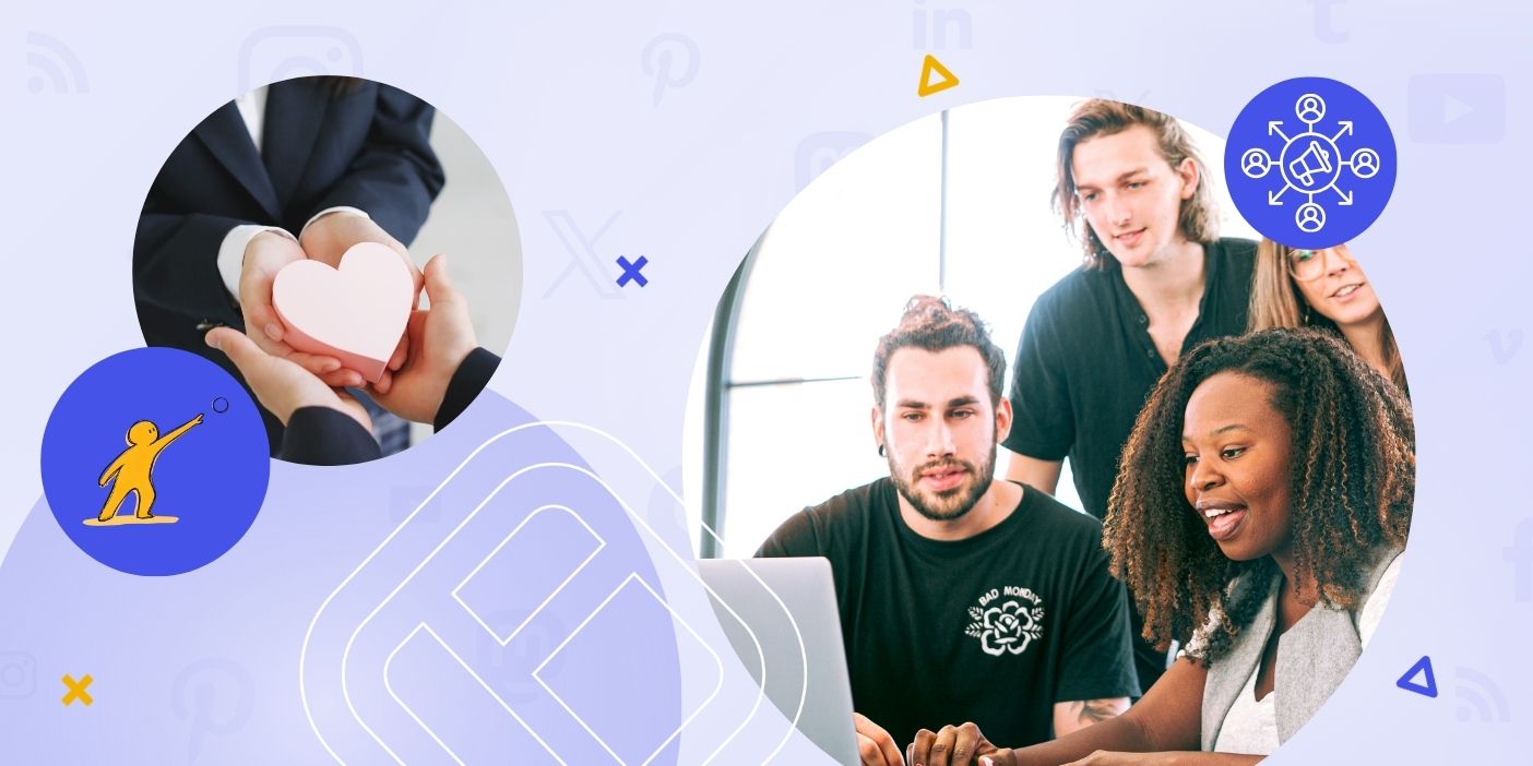 organic event promotion represented by a group of people looking at a laptop, and two hands holding a heart.