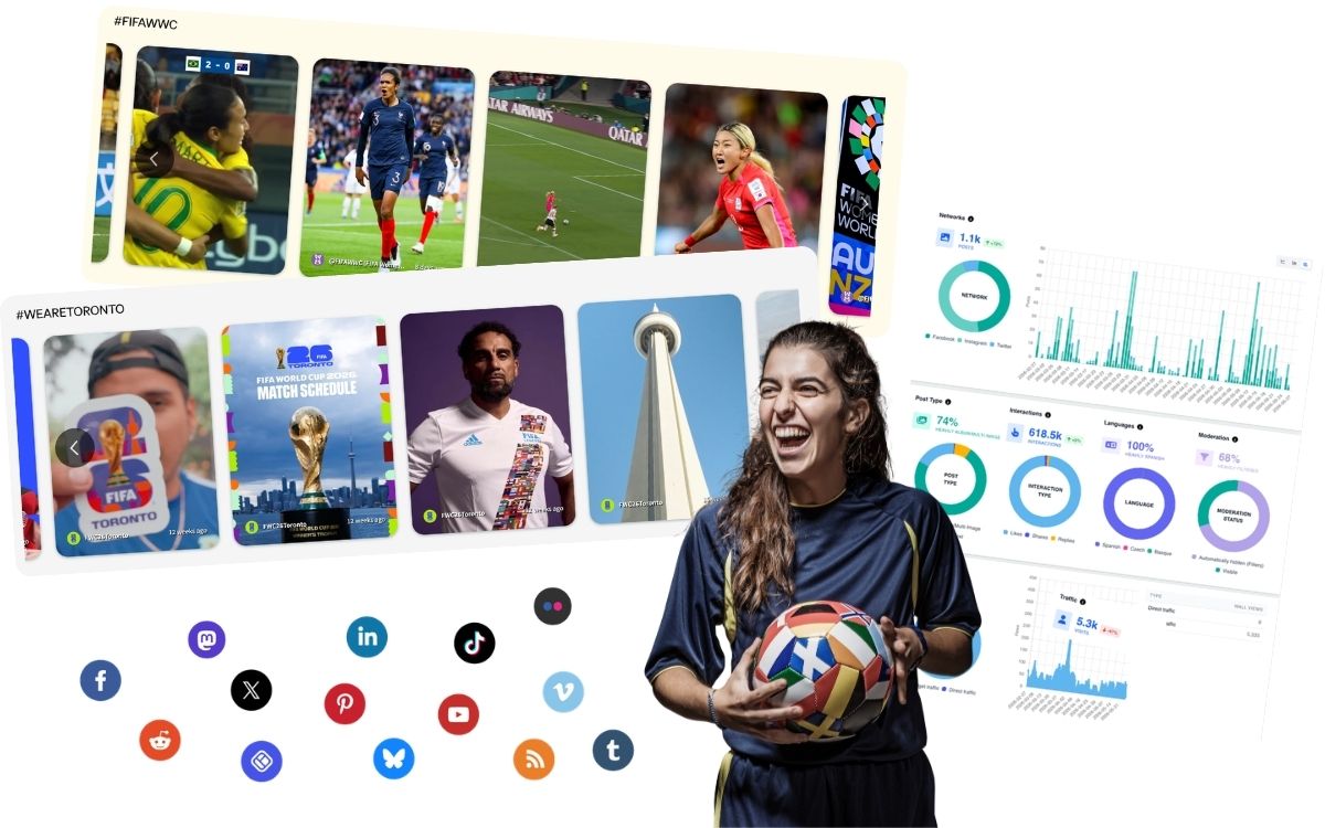 Walls.io as an event engagement software, shown by two feeds, analytics and many sources.