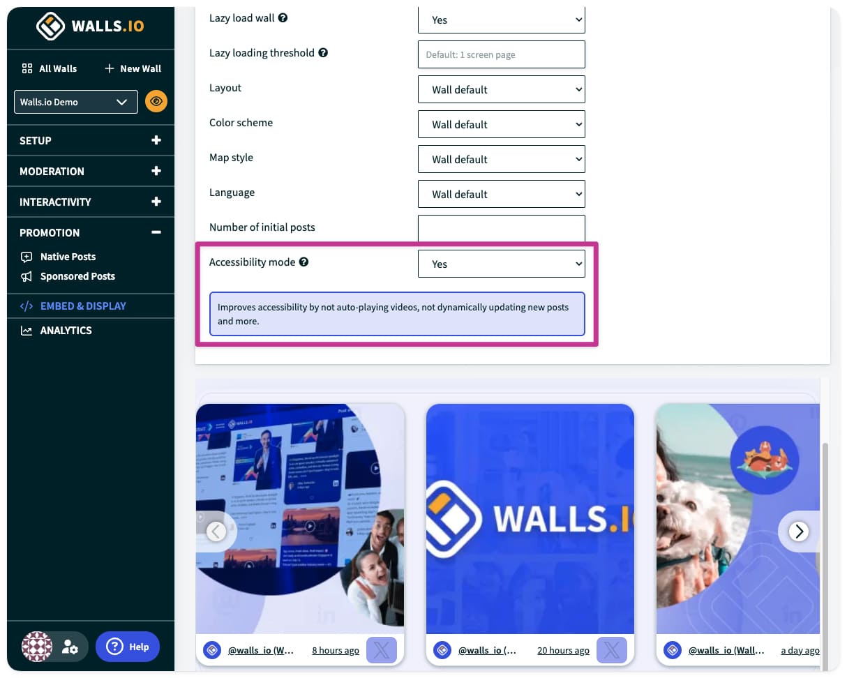 Screenshot of Walls.io backend showing Accessibility Mode feature being enabled. It contains the image of a social wall using the accessible Carousel layout beneath it.